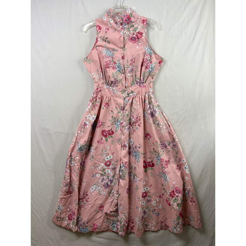 Alison J Floral Midi Dress Womens 12 Pink Sleeveless Smocked Waist Mock Neck USA